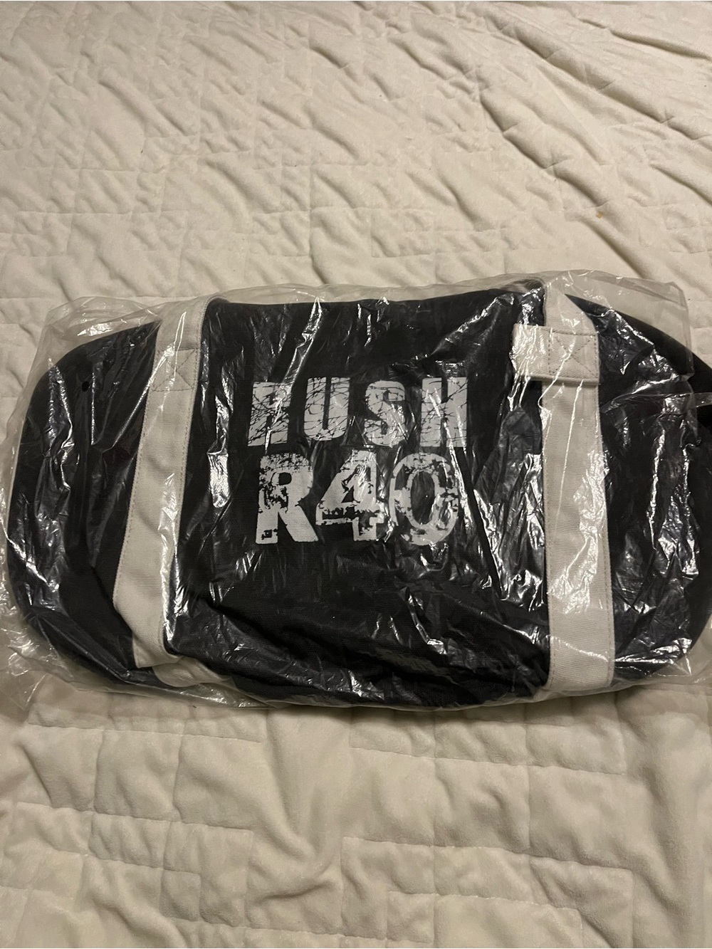 Black Duffel Bag with White Straps -